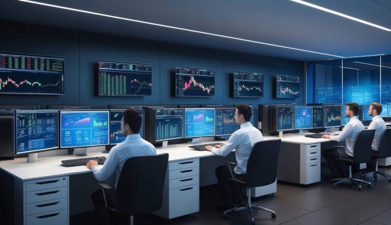 Men in a trading room, analyzing stock market charts on multiple screens