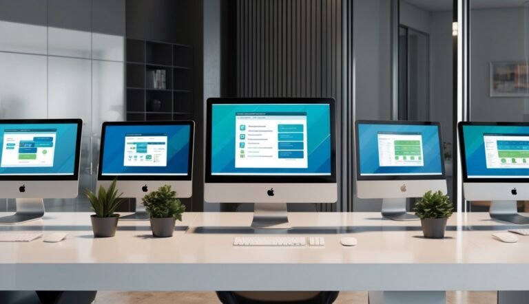 Five Apple iMac computers displaying a software interface on a white desk