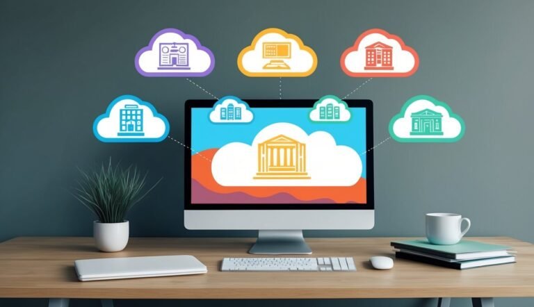 Computer screen with cloud icons representing different buildings