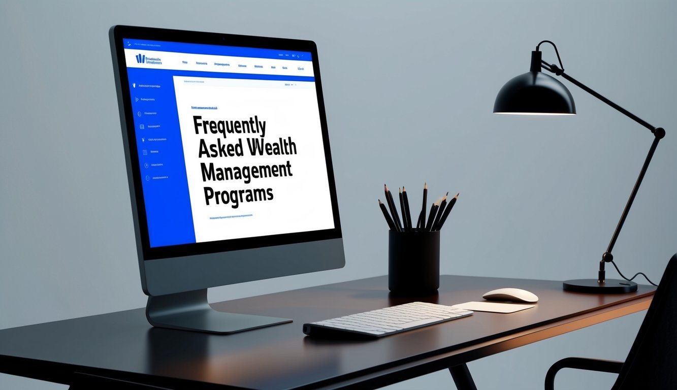 A sleek and modern office desk with a computer screen displaying the "Frequently Asked Questions 5 Top wealth management programs" webpage