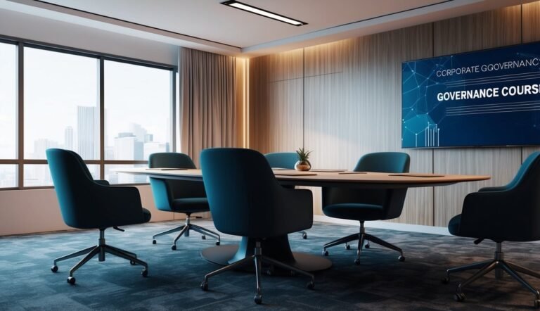 Modern boardroom with oval table, blue chairs, and a screen