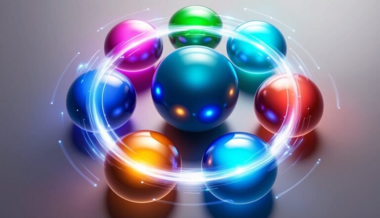 Colorful spheres in a circle with glowing light trails and a central sphere