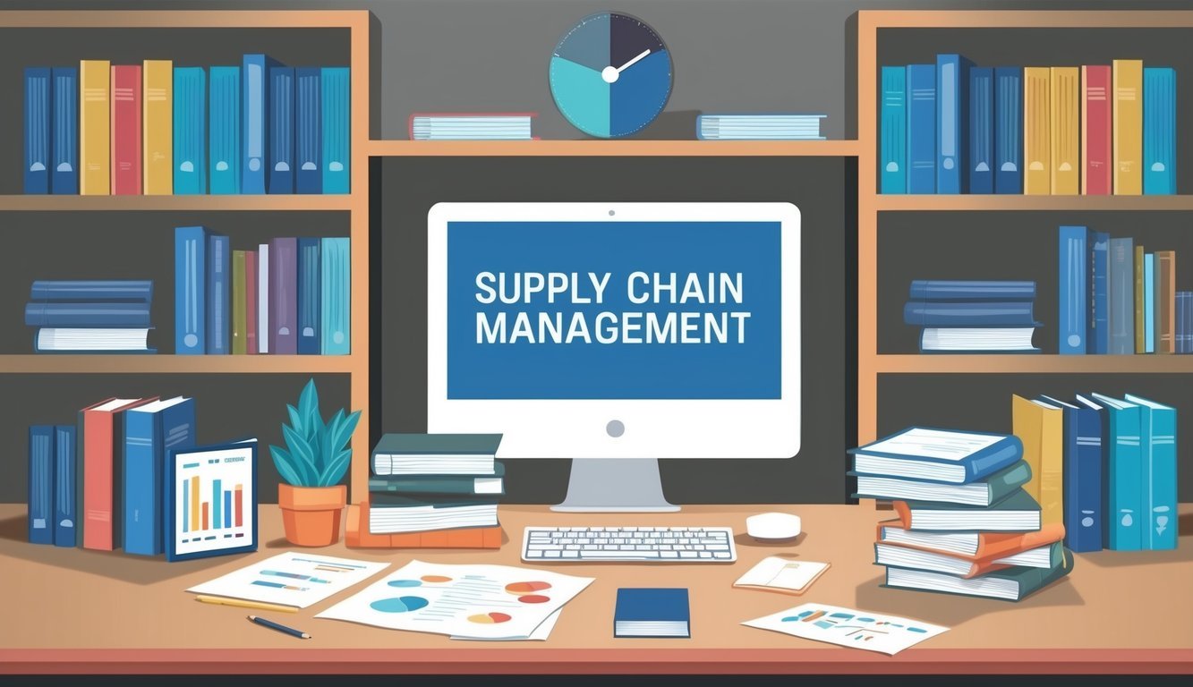 A desk with a computer, books, and papers, surrounded by shelves of supply chain management books and analytics resources