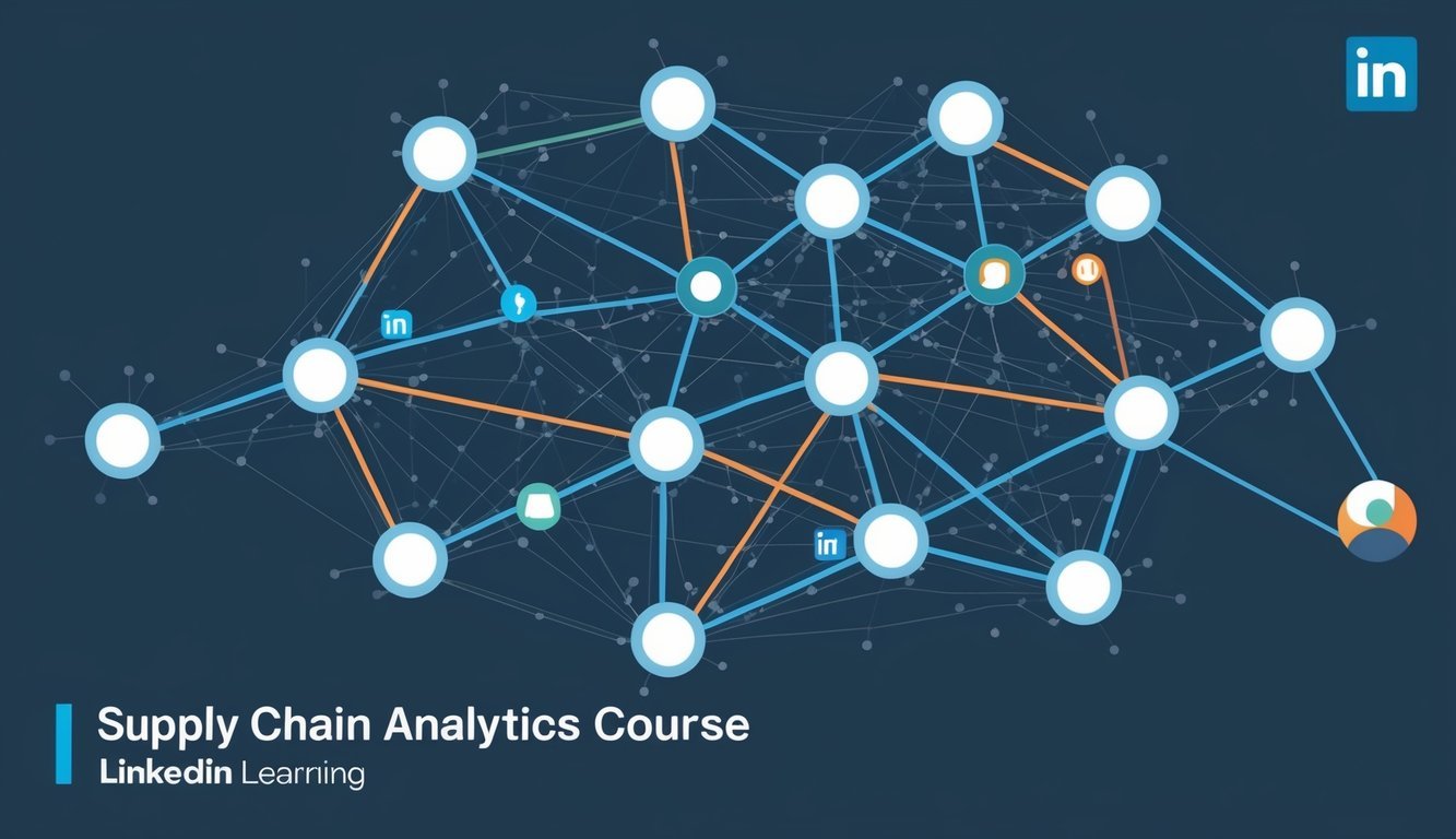 A network of interconnected nodes with data flowing between them, representing the supply chain analytics courses offered by LinkedIn Learning