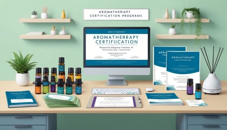 Aromatherapy certification program setup with essential oils, books, and a computer