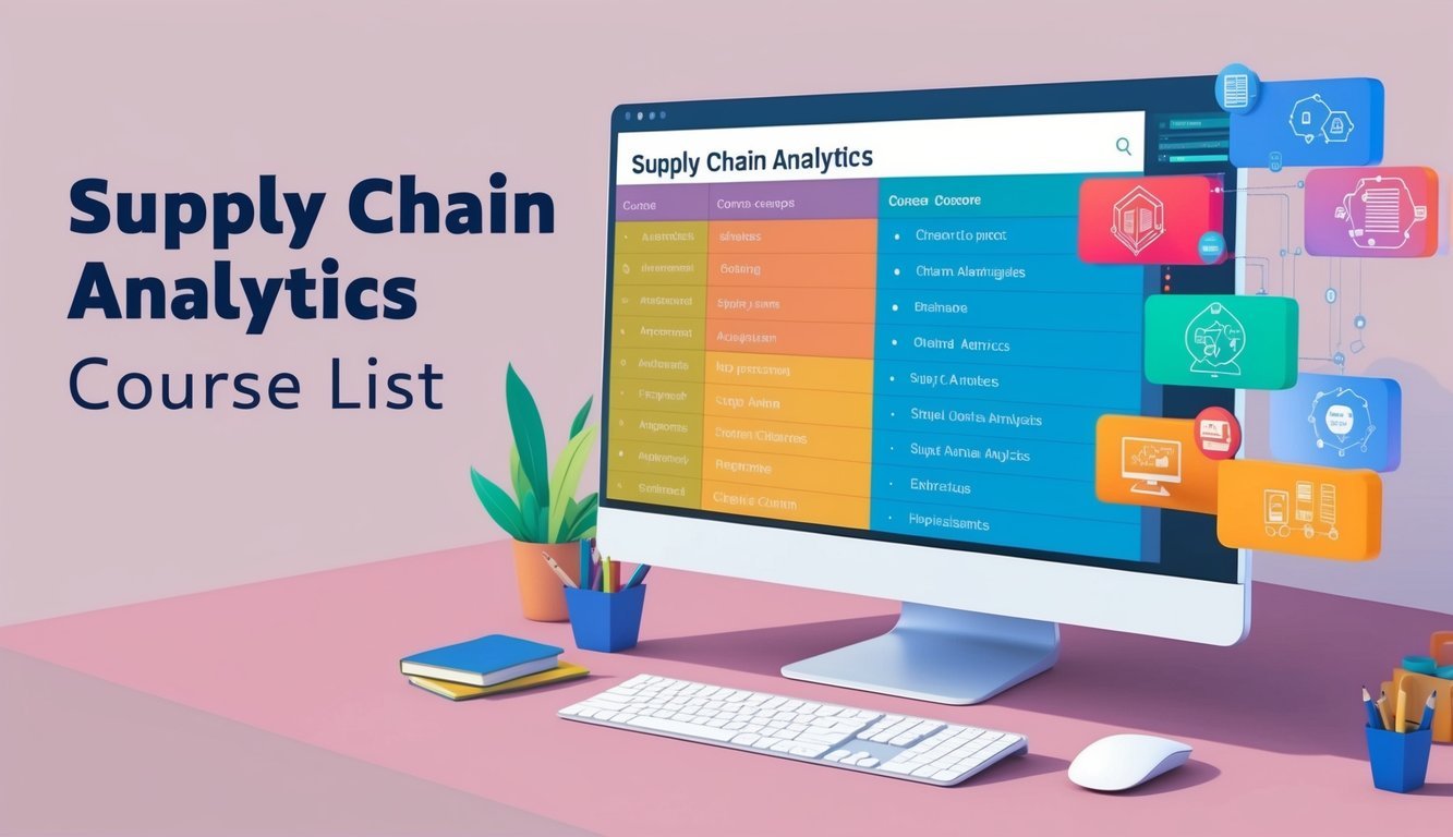 A supply chain analytics course list displayed on a computer screen with colorful graphics and icons