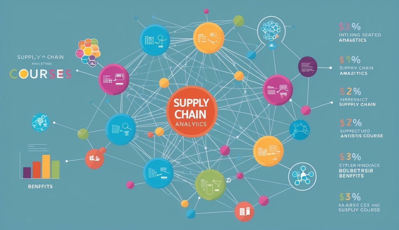 A network of interconnected data points and graphs representing supply chain analytics courses and their benefits