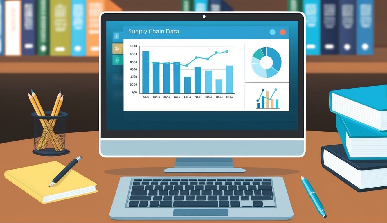 A table with a laptop, notebook, and pen.</p><p>A graph showing supply chain data on the screen.</p><p>Books on supply chain analytics in the background