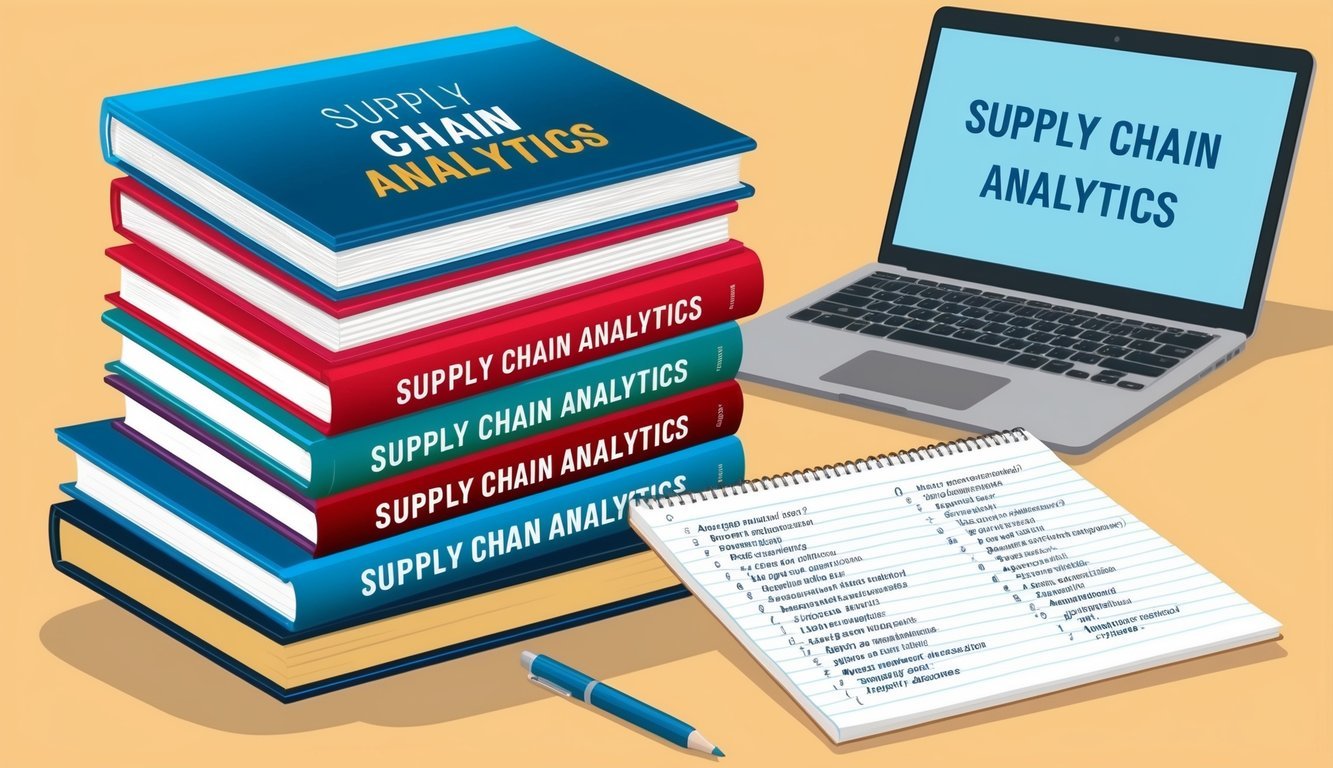 A stack of books on supply chain analytics, a laptop, and a notepad with a list of questions