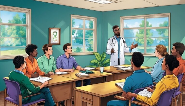 Doctor giving a presentation to a group of diverse people in a room