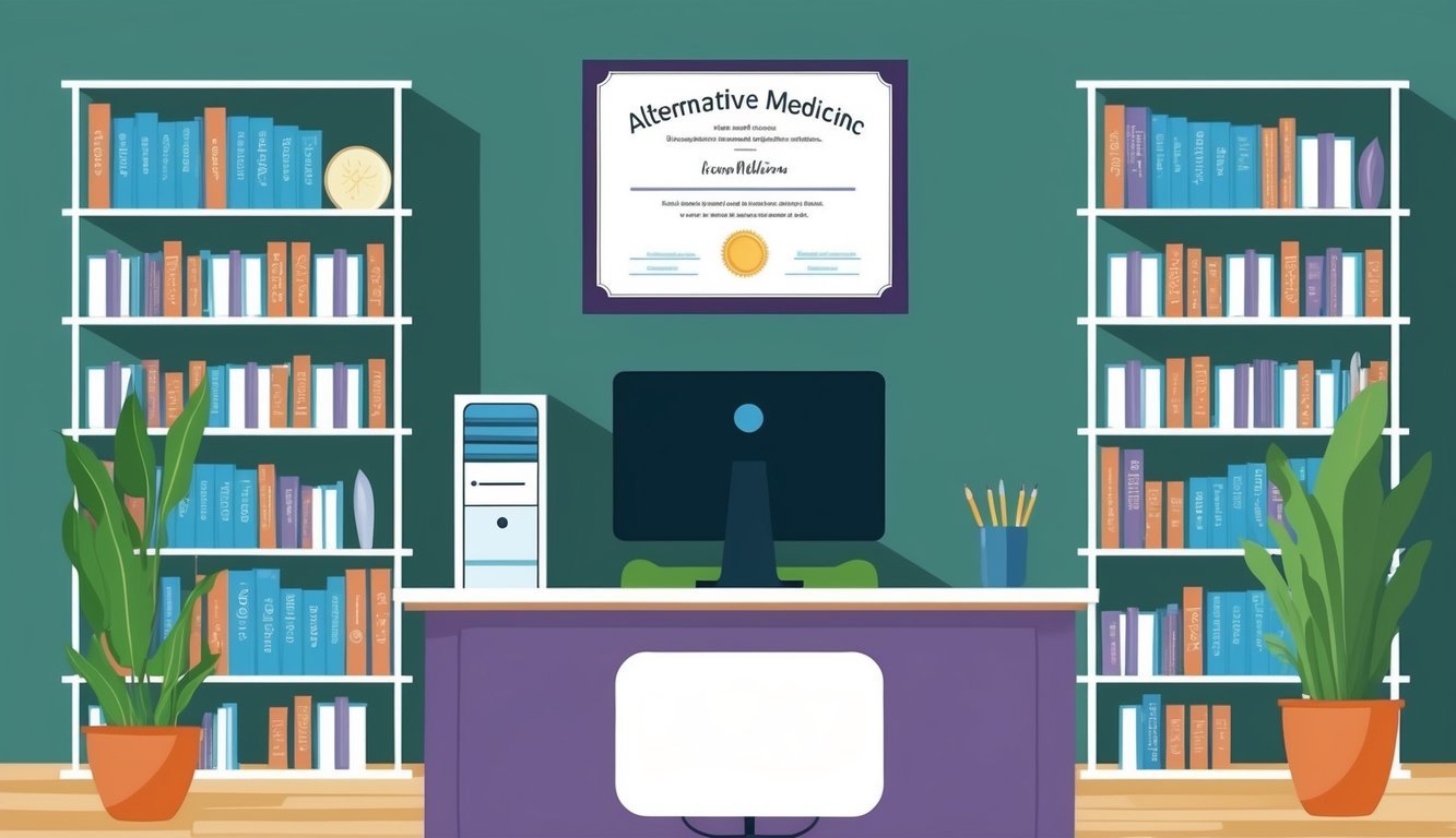 A serene office setting with a desk, computer, and shelves of books on alternative medicine.</p><p>A diploma or certificate prominently displayed