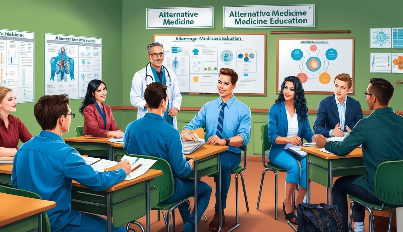 A classroom setting with students and instructors engaged in alternative medicine education, surrounded by charts, diagrams, and various medical tools