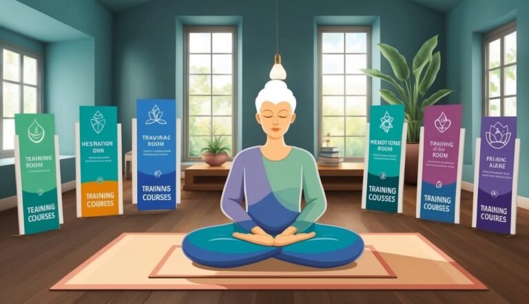 Woman meditating on a mat, surrounded by signs for training courses in a room