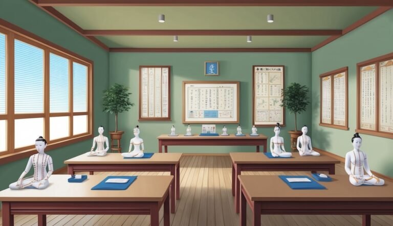 Classroom with seated figures, charts, and diagrams related to acupuncture