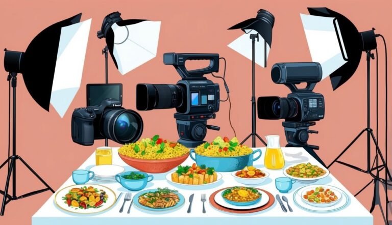 Food photography setup with cameras, lighting, and various dishes on a table