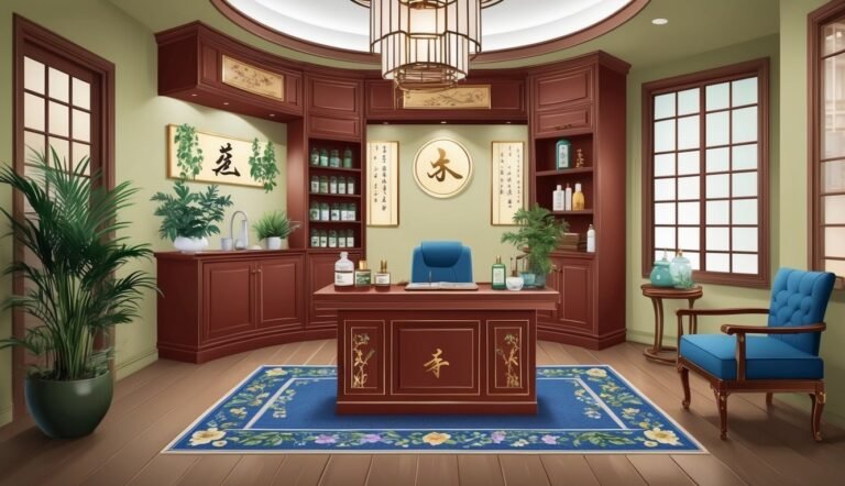 An Asian-inspired office with a desk, blue chair, and plants