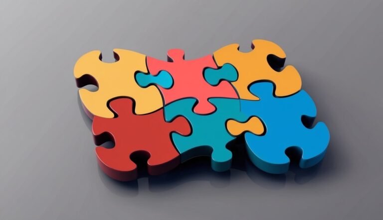 Interlocking colorful puzzle pieces on a reflective gray surface