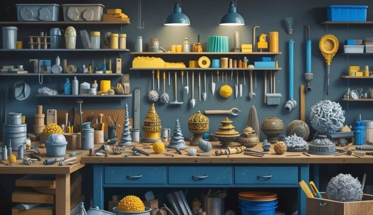 Workshop with tools, shelves, and various objects on a workbench