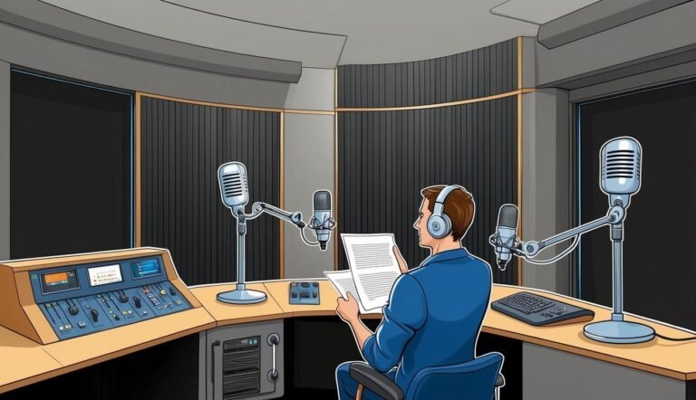 Man in a recording studio with microphones, headphones, and papers