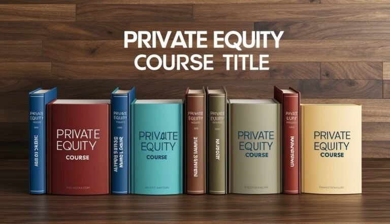 Books titled "Private Equity Course" on a wooden background