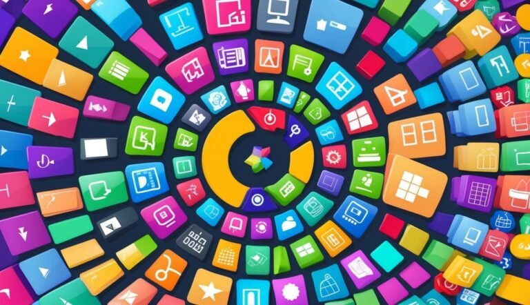 Colorful app icons arranged in a circular pattern, with a central design element