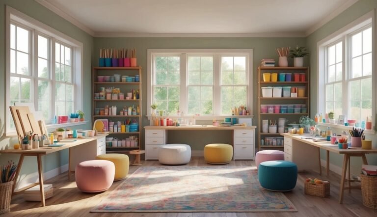 Bright, colorful art studio with tables, shelves, and art supplies