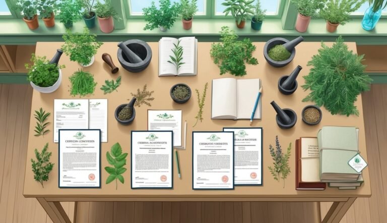Herbs, mortar and pestles, books, and documents on a table, with potted plants
