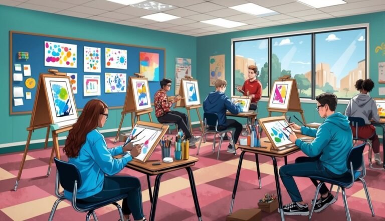 Students painting in an art classroom, easels, artwork on the wall, and a window