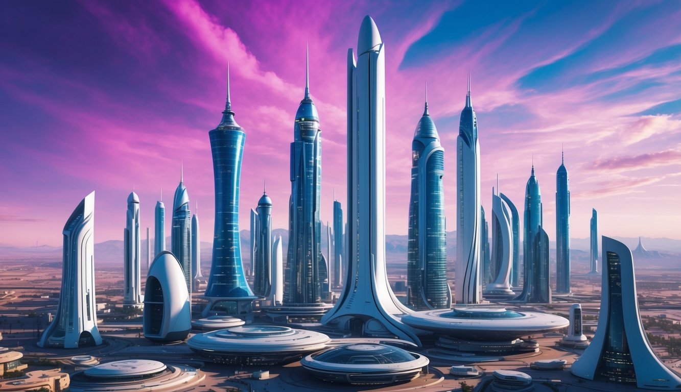 A futuristic cityscape with towering skyscrapers and sleek, modern architecture, set against a backdrop of a vibrant, otherworldly sky