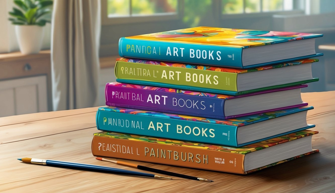 A stack of art books with vibrant cover designs displayed on a wooden table.</p><p>A pencil and paintbrush lay next to the books