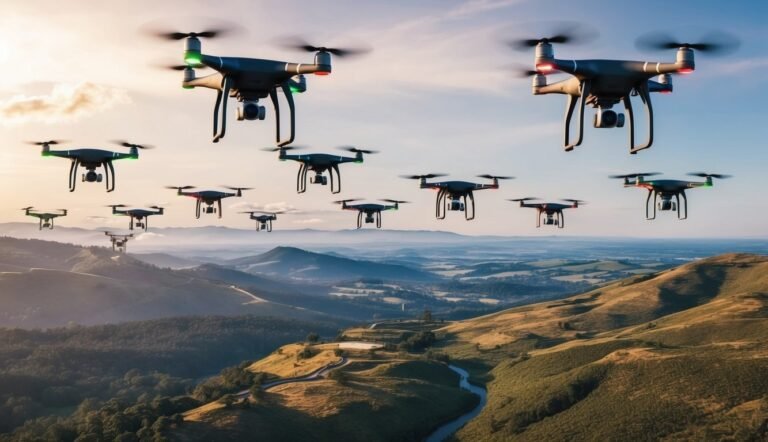 A flock of drones flying over a scenic mountain landscape