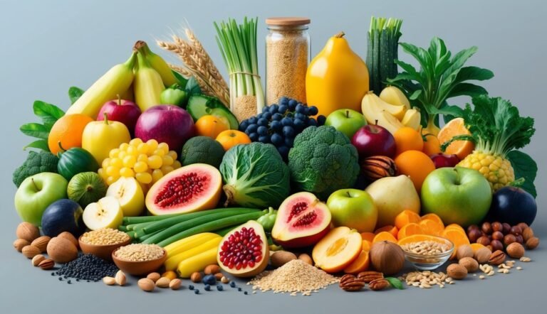 Pile of various fruits, vegetables, grains, and nuts on a gray surface