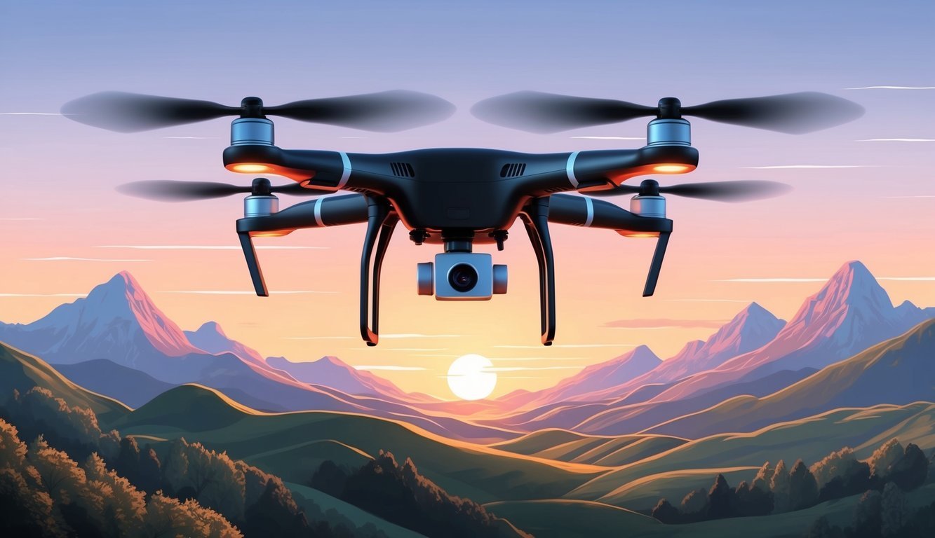 A drone flying over a landscape with mountains and a sunset in the background