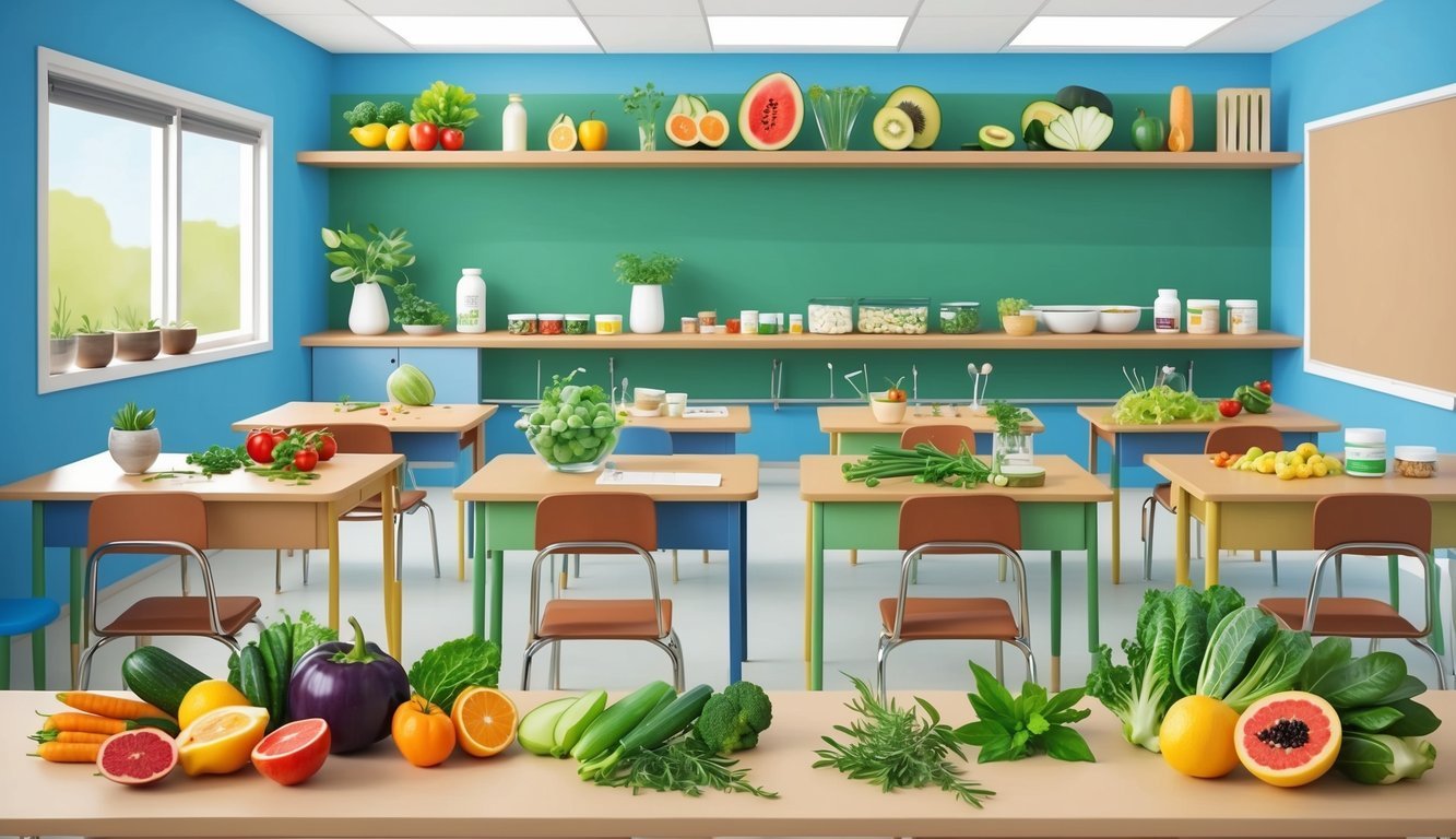 A colorful classroom setting with various holistic nutrition materials and tools, including fresh fruits, vegetables, herbs, and supplements displayed on shelves and tables