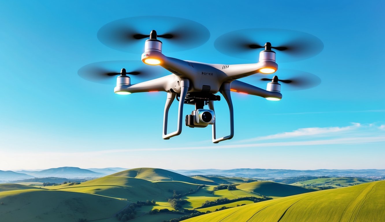 A drone hovering over a picturesque landscape, with a clear blue sky and rolling hills below.</p><p>The drone is equipped with a camera and is capturing stunning aerial footage