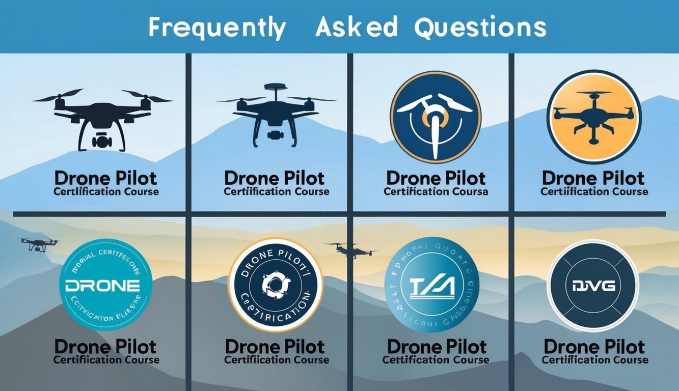 A group of six different drone pilot certification course logos arranged in a grid with a "Frequently Asked Questions" header above