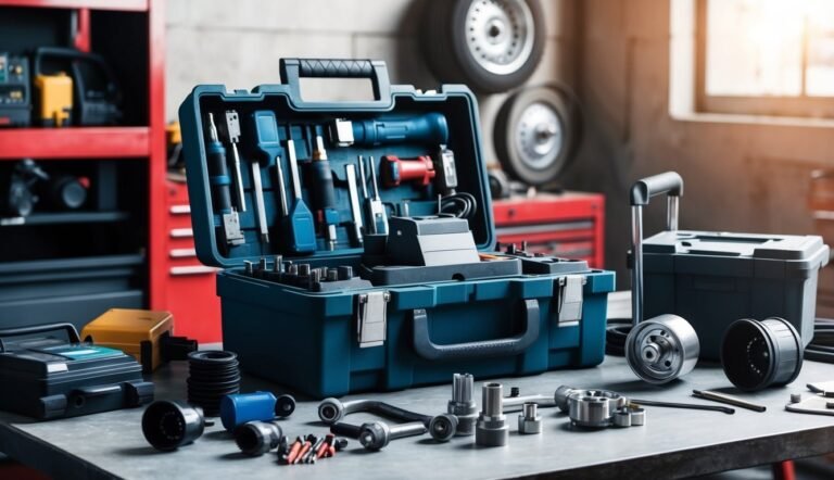 Open toolbox with tools and car parts on a workbench in a garage