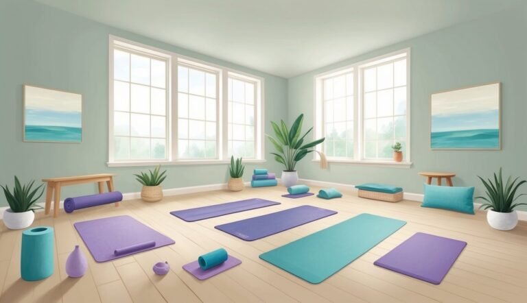Yoga studio with mats, plants, and large windows