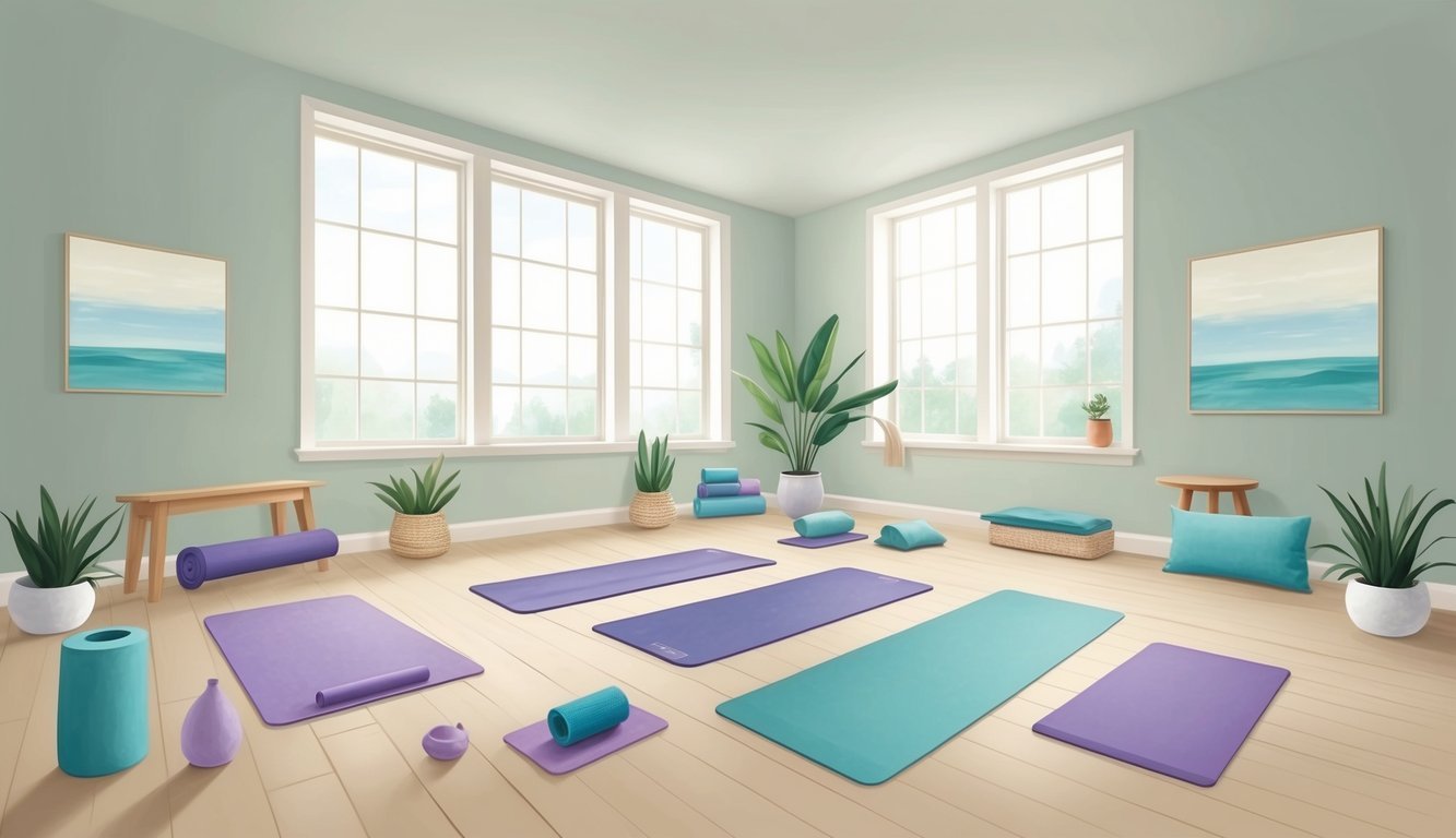 A serene studio with mats, props, and calming decor.</p><p>A soft, natural light filters in through large windows, creating a peaceful atmosphere for yoga practice