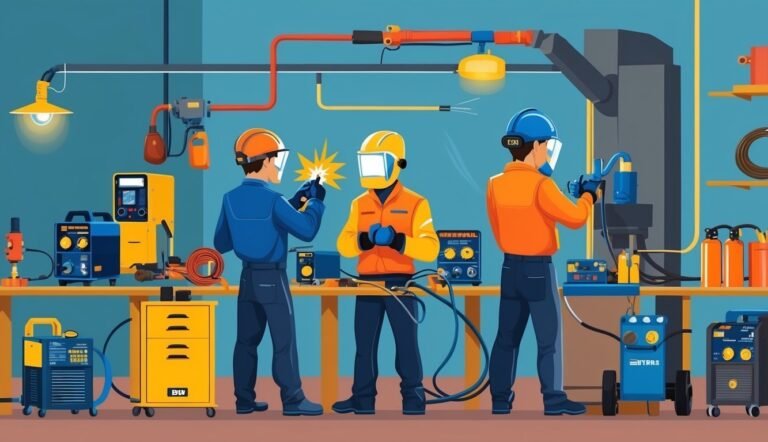 Three welders working in a workshop with welding equipment and sparks