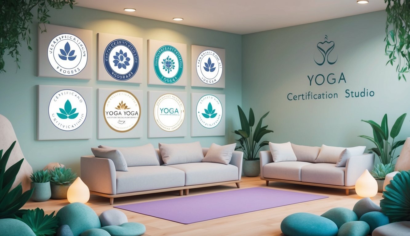 A serene yoga studio with six certification program logos displayed on a wall, surrounded by calming nature elements and soft lighting