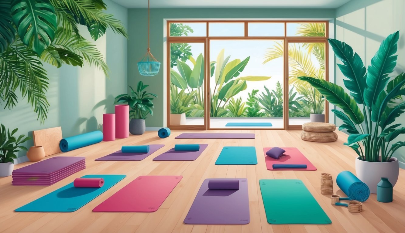 A serene yoga studio with colorful mats and props, surrounded by lush greenery and natural light