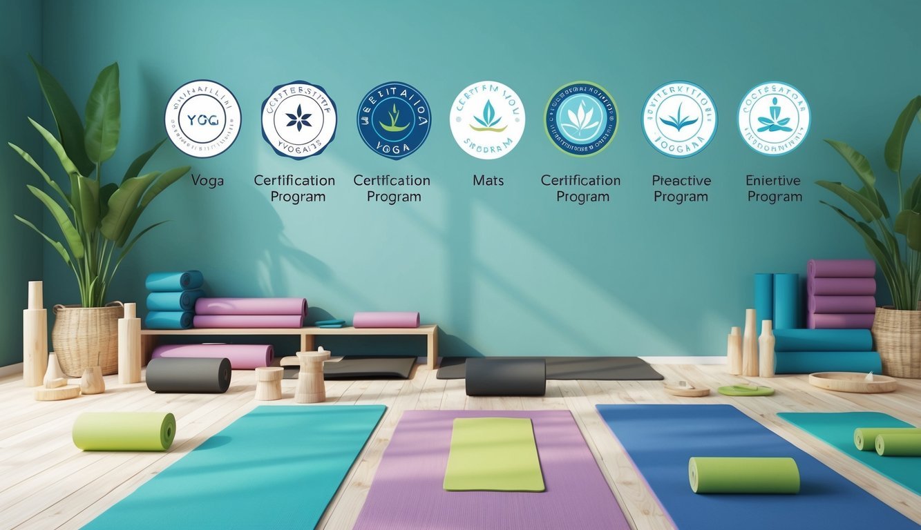 A tranquil yoga studio with six certification program logos displayed on a wall.</p><p>Mats and props neatly arranged, creating a serene and inviting atmosphere