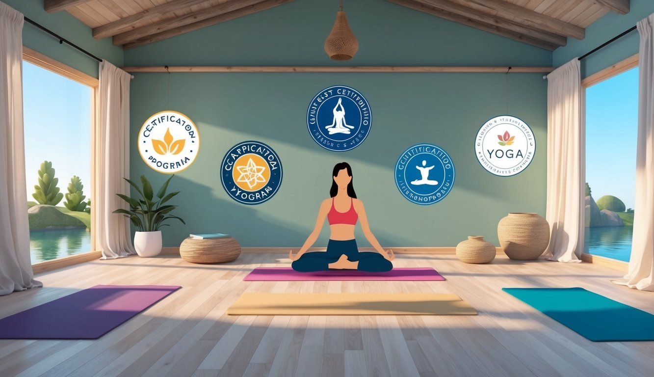 A serene yoga studio with 6 certification program logos displayed prominently