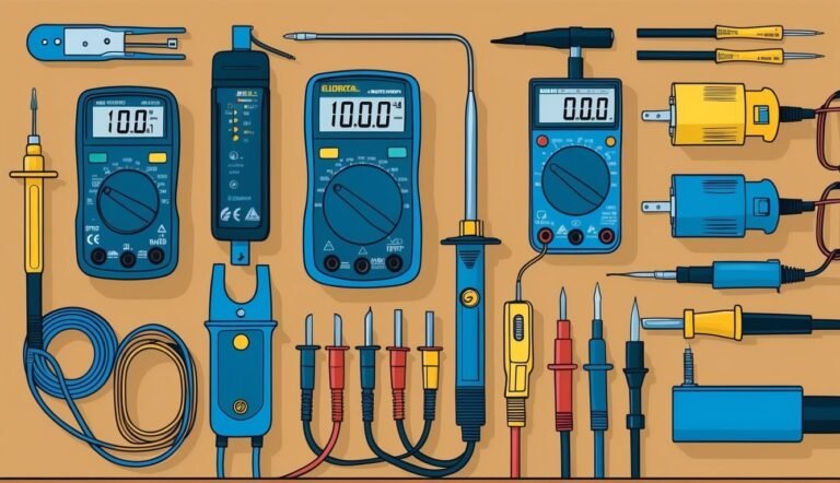 Collection of multimeters, probes, and electrical testing tools on a flat surface
