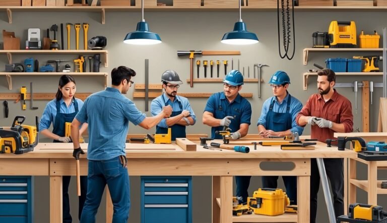A team of carpenters working in a well-equipped workshop