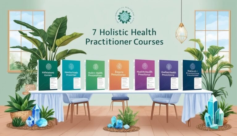 Seven holistic health practitioner course books on a table with plants