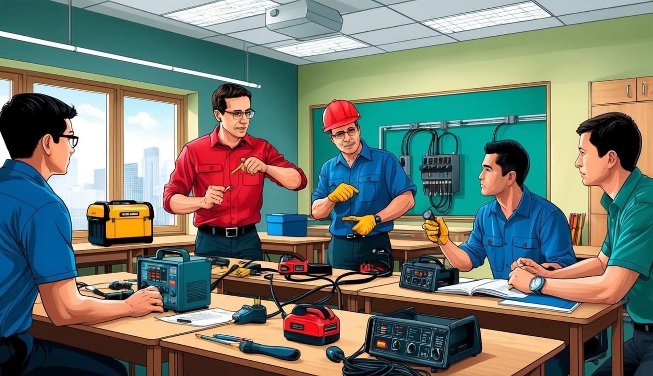 A classroom setting with electrical equipment, tools, and instructors demonstrating techniques to students