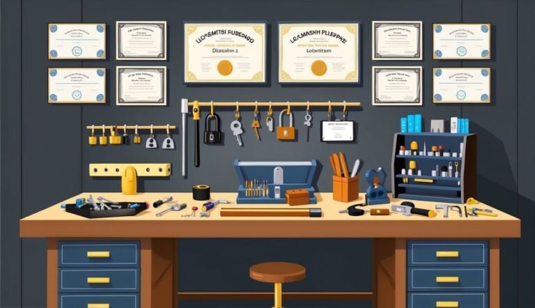 Locksmith workshop with tools, keys, locks, certificates, and a stool