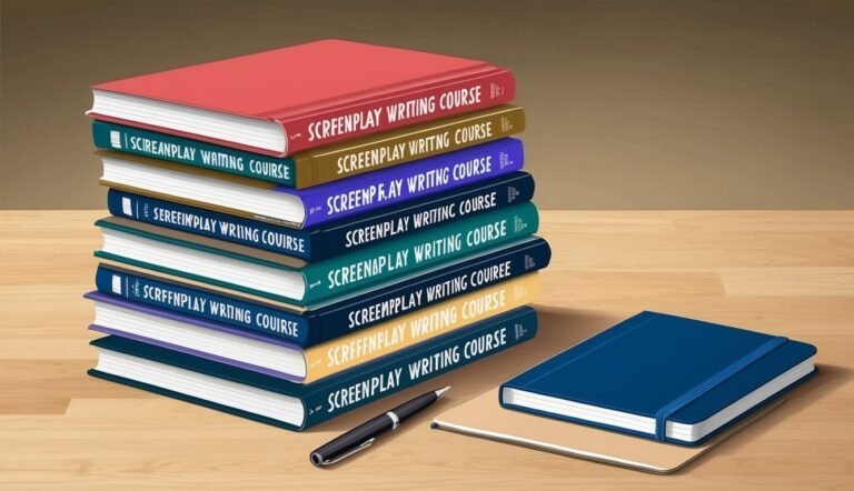 Stack of "Screenplay Writing Course" books, notebook, and pen on a desk